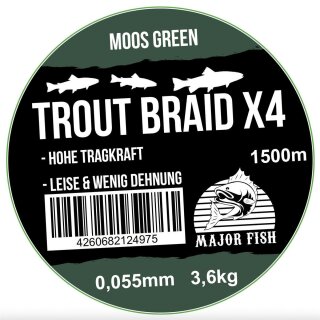 Major Fish Trout Braid 4 Fach geflochtene Schnur Forelle 1500 Meter Großspule