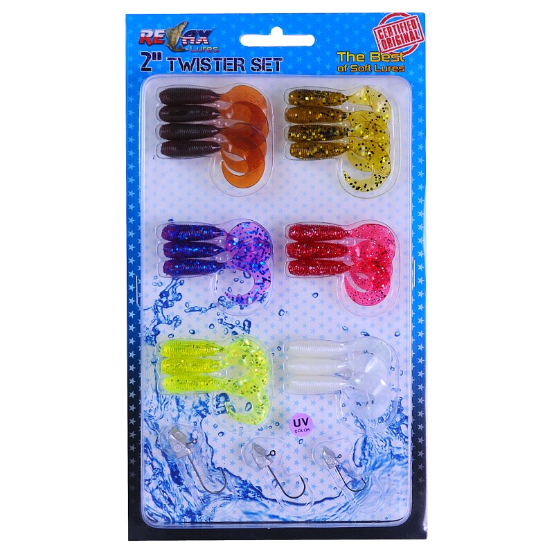Relax Gummifische Sortiment Twister Set + Jigköpfe Twister Set 2" Einzelfarbe