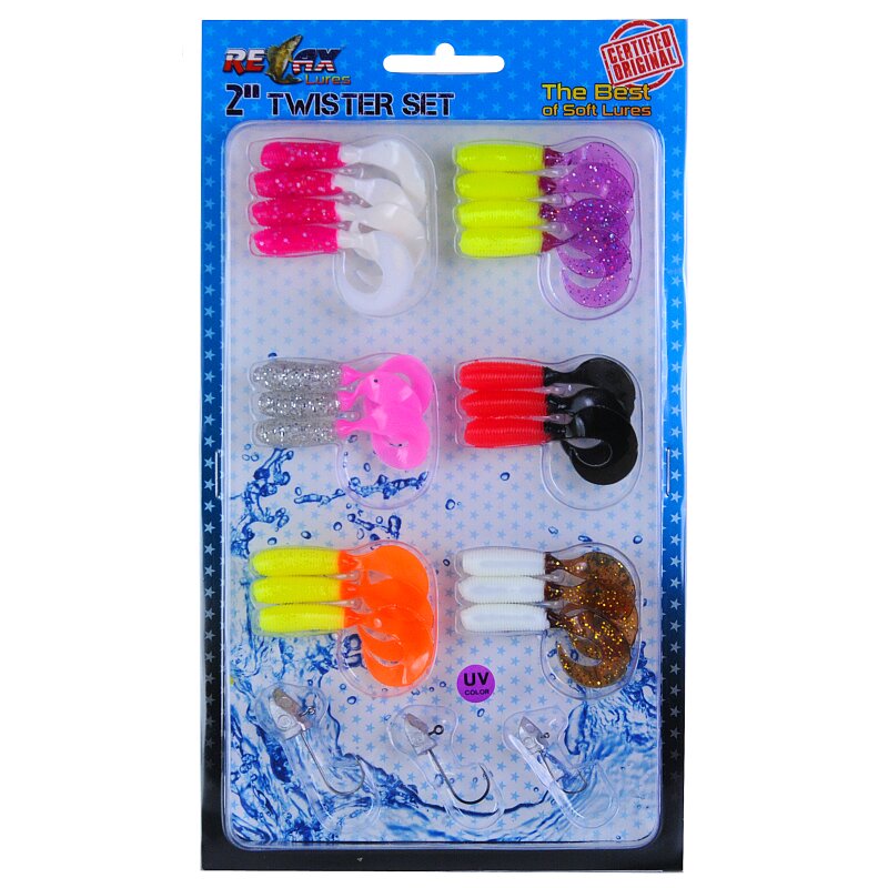 Relax Gummifische Sortiment Twister Set + Jigköpfe Twister 2" Doppelfarbe