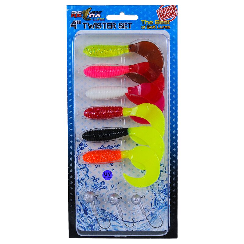 Relax Gummifische Sortiment Twister Set + Jigköpfe Twister 4" Zweifarbig