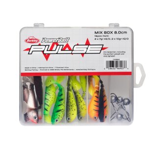 Berkley Pulse Shad Mix Box Gummifische & Jigköpfe 8 cm - 16 Köder 4 Jigs